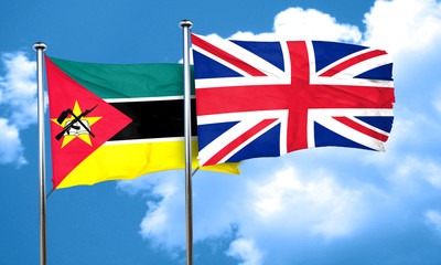 Mozambique flag with Great Britain flag, 3D rendering