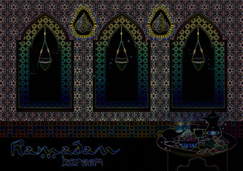 Ramadan kareem - muslim islamic holiday celebration greeting card or wallpaper background, with oriental or arabic house indoor, arabic windows, eid lanterns and table with sweets
