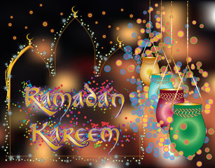 Ramadan Kareem - colorful muslim islamic holiday festival background with mosque silhouette, colorful eid lanterns, and stars and confetti glitter