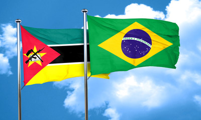 Mozambique flag with Brazil flag, 3D rendering