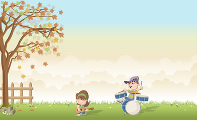Fototapeta premium Green grass landscape with cute cartoon boy and girl playing music on a band. Acoustic guitar and drum. 