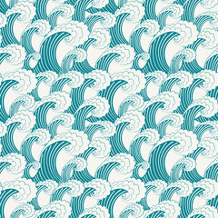 Hand drawn vector seamless pattern. Modern stylish blue background with structure of repeating big waves during the storm. Illustration in traditional Japanese style. - 112974370