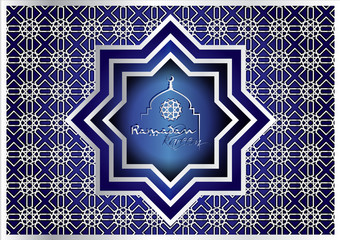 Ramadan Kareem - Ramadan Background mosque window with arabic arabesque pattern paper cutout, with arabic calligraphy and mosque silhouette. Greeting card or wallpaper background.