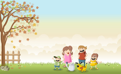 Green grass landscape with cute cartoon family.

