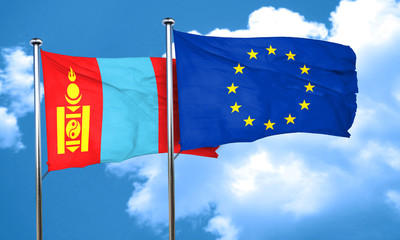 Mongolia flag with european union flag, 3D rendering