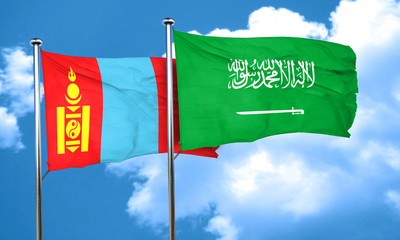 Mongolia flag with Saudi Arabia flag, 3D rendering