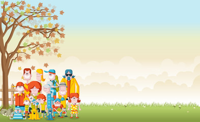Green grass landscape with cute cartoon family.

