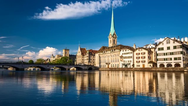 View of historic Zurich city center with famous Fraumunster Church, Limmat river and Zurich lake