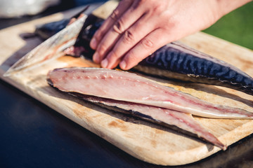 cutting board cooking fish dishes, food
