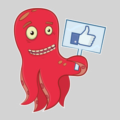 Cartoon character octopus. Funny character. Emotions, like, smile, approve. Hand drawn illustration. Vector