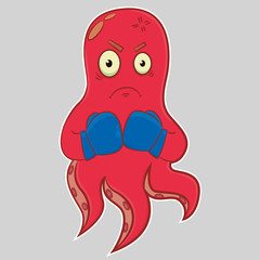 Cartoon character octopus. Funny character. Emotions, angry, furious, mad, aggression. Hand drawn illustration. Vector
