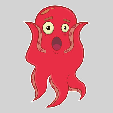 Cartoon character octopus. Funny character. Emotions, fear, fright, surprise. Hand drawn illustration. Vector
