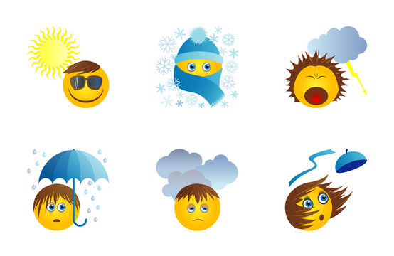 Six funny original icons with emoticons for weather report. Suny day, snow, storm, rain, cloads, wind. Vector set
