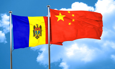 Moldova flag with China flag, 3D rendering
