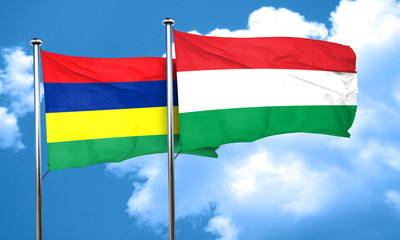Mauritius flag with Hungary flag, 3D rendering
