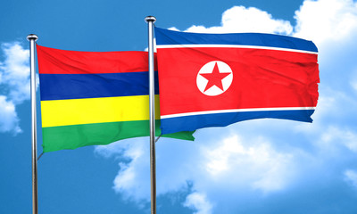 Mauritius flag with North Korea flag, 3D rendering