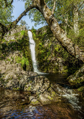 Linhope Spout, waterfall. Northumberland, England, Uk. In the early morning sunlight and shadow