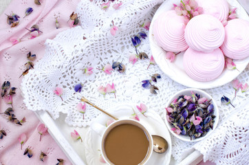 Romantic dinner with flower petals. The view from the top.