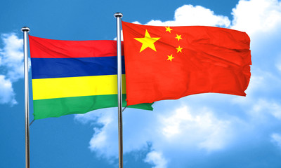 Mauritius flag with China flag, 3D rendering