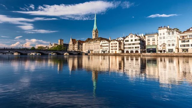 View of historic Zurich city center with famous Fraumunster Church, Limmat river and Zurich lake