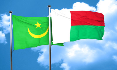 Mauritania flag with Madagascar flag, 3D rendering