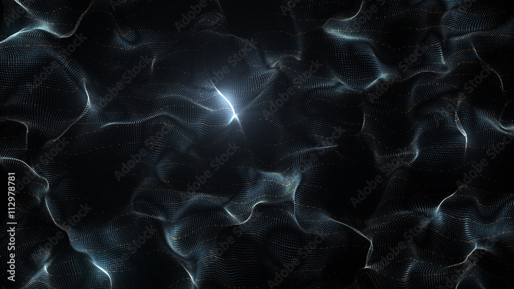 Poster abstract 3d rendering particle background, dot surface displaced with turbulence field