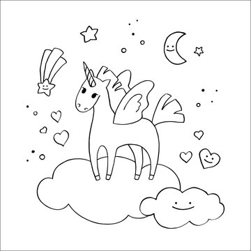 Winged Unicorn in the clouds in hand-drawn style. 