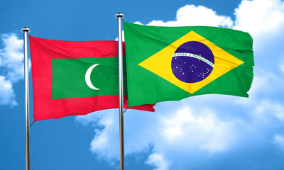 Maldives flag with Brazil flag, 3D rendering