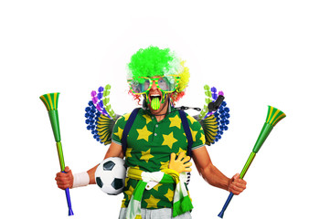Brazil football fan in a red wig and horns