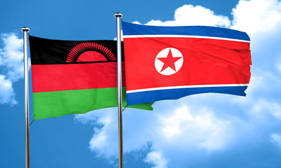 Malawi flag with North Korea flag, 3D rendering