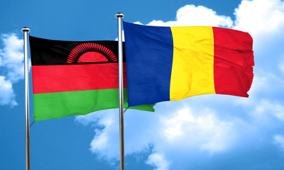 Malawi flag with Romania flag, 3D rendering