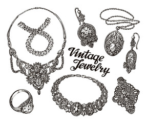 Collection vintage Jewelry. Gold and Precious Stones. Hand drawn sketches vector illustration