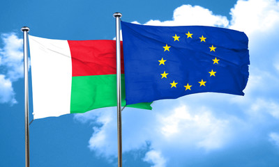 Madagascar flag with european union flag, 3D rendering