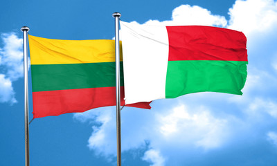 Lithuania flag with Madagascar flag, 3D rendering