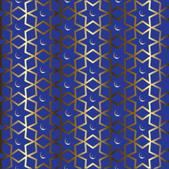 Arabian ornament pattern. Gold and silver Arabian ornament and moon with star are on the dark blue background. Can be scaled to any size.