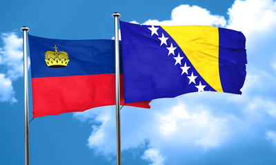 Liechtenstein flag with Bosnia and Herzegovina flag, 3D renderin