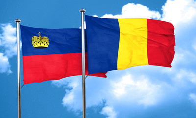 Liechtenstein flag with Romania flag, 3D rendering