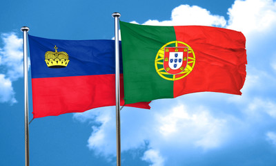 Liechtenstein flag with Portugal flag, 3D rendering