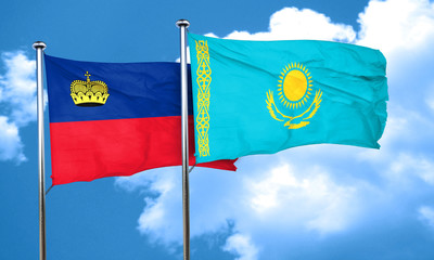 Liechtenstein flag with Kazakhstan flag, 3D rendering