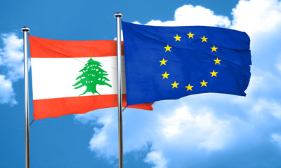 Lebanon flag with european union flag, 3D rendering