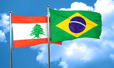 Lebanon flag with Brazil flag, 3D rendering