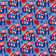 seamless pattern, hats drawing, star, american flag, vector background, decorative rose