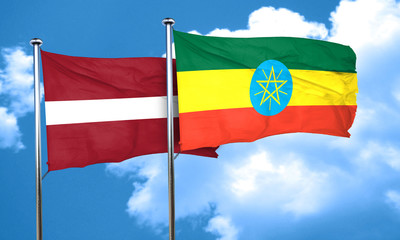 Latvia flag with Ethiopia flag, 3D rendering