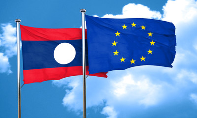 Laos flag with european union flag, 3D rendering