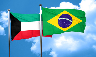Kuwait flag with Brazil flag, 3D rendering