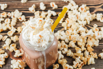 Popcorn Cocoa on Wodden Background Unhealthy Food