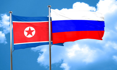 North Korea flag with Russia flag, 3D rendering