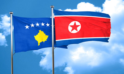 Kosovo flag with North Korea flag, 3D rendering