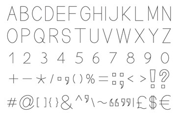 Latin alphabet letters with set of numbers 1, 2, 3, 4, 5, 6, 7, 8, 9, 0, maths, currencies and punctuation signs, black isolated on white background, vector illustration.