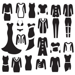 Fashion icons collection, black isolated on white background, vector illustration.